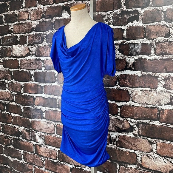 Aidan Maddox Dress Women's 6 Blue Bodycon Short Sleeve Scoop Neck Knee Length - Picture 6 of 17